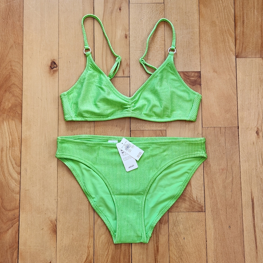 NWT Aerie Beach Babe Shine Rib Scoop Bikini Top & Bikini Bottom - S